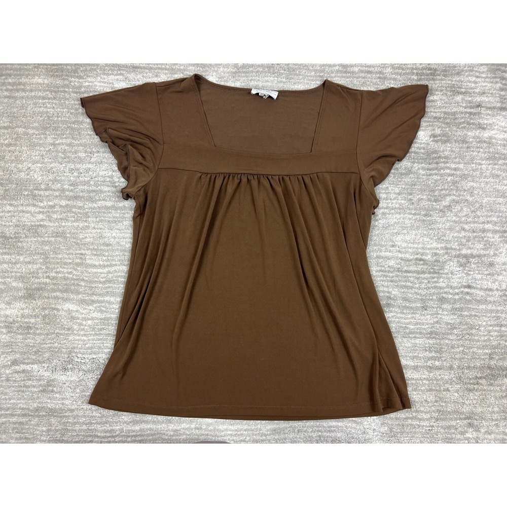 Jamie Nicole Blouse Womens 2X Brown Square Neck Flutter Sleeve Pleated Stretch
